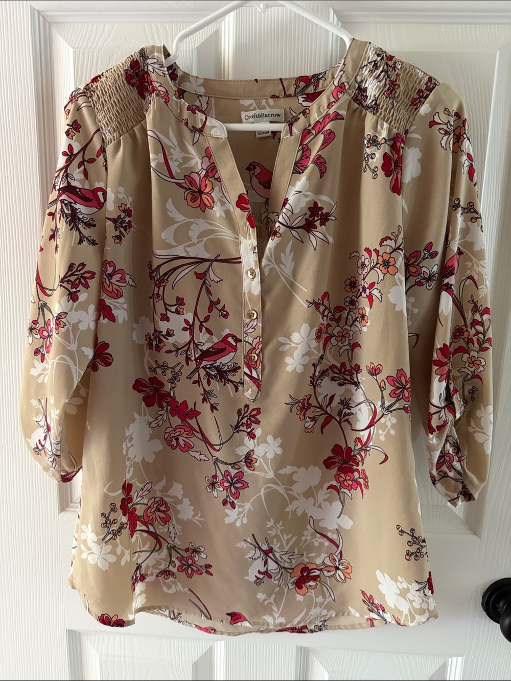 Croft & Barrow 3/4 Sleeve Bird and Floral Printed Tan Top, Women’s Size S